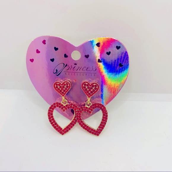 Earrings Hearts Red Rhinestones PIERCED! ADORABLE - Picture 4 of 9